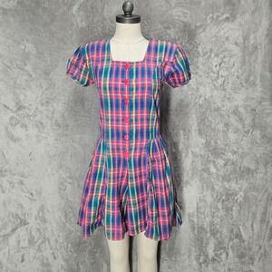 Vintage 80 90 Plaid Romper M Square Neck Pockets Puff Sleeve Kidcore Retro Indie